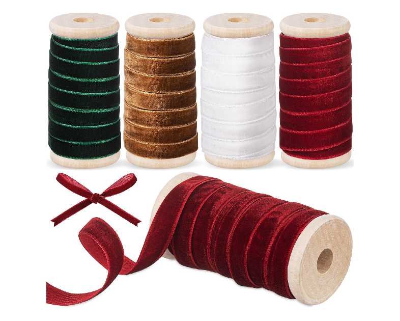 Chuangdi 4 Roll 30 Yards Christmas Velvet Ribbon Set 3/8 Inch Vintage Wooden Spool Fabric Trim Velvet Ribbon for Christmas Gift Wrapping Bow Wreath Decoration DIY Crafts Ornaments(Christmas Color)