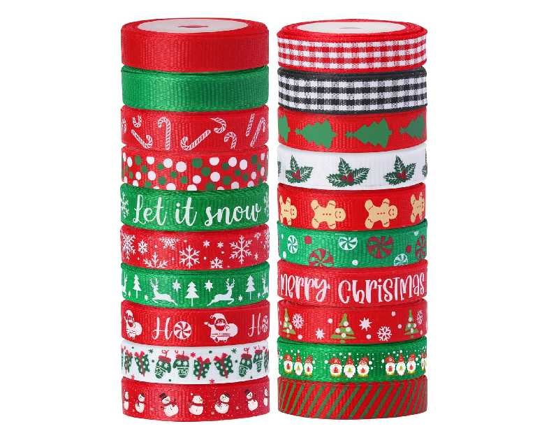Vloso 20 Rolls 100 Yards Christmas Ribbon for Gift Wrapping,3/8 Inch Christmas Grosgrain Ribbon,Christmas Ribbon for Crafts DIY Holiday Christmas Decorations