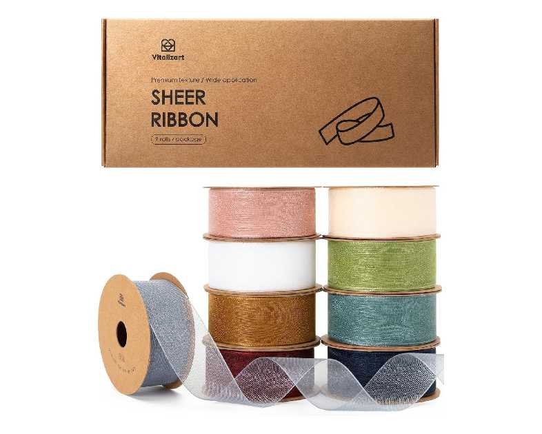 Vitalizart 1" x 90Yd Organza Ribbon Mixed Color Sheer Ribbons Set 10 Yd x 9 Rolls Handmade for Gift Wrapping Christmas Tree Crafts Bows Wedding Invitations Wreaths Wrap