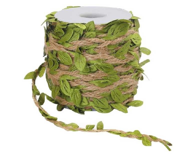Tenn Well Burlap Leaf Ribbon, 66 Feet 5mm Natural Jute Twine Ribbon with Artificial Leaves for Crafts, Wedding, Jungle Safari Party, Baby Shower Decor, Home Decor