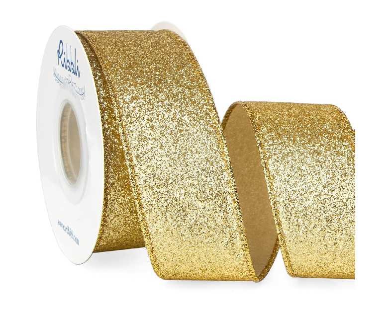 Ribbli Gold Glitter Wired Ribbon,Gold with Metallic Edge,Christmas Ribbon for Wreath, Christmas Tree Decoration, Gift Wrapping,Home Decor, 1-1/2 Inch x 10 Yards