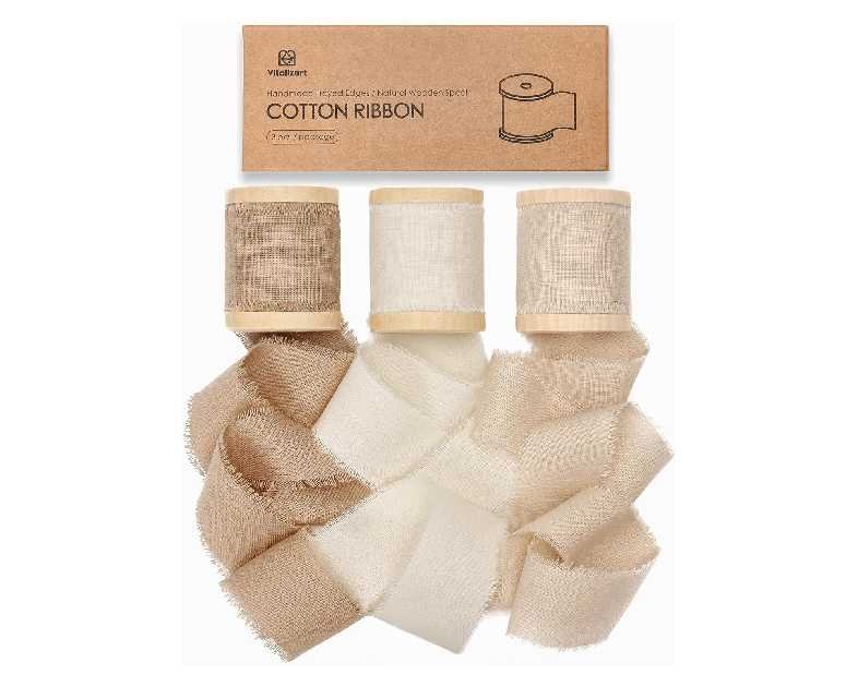 Vitalizart 100% Cotton Ribbon 1-1/2" x 15 Yd Nude Beige Cream Handmade Frayed Fringe Fabric Ribbons for Gift Wrapping Wedding Invites Bridal Shower Bouquets Christmas Decorations