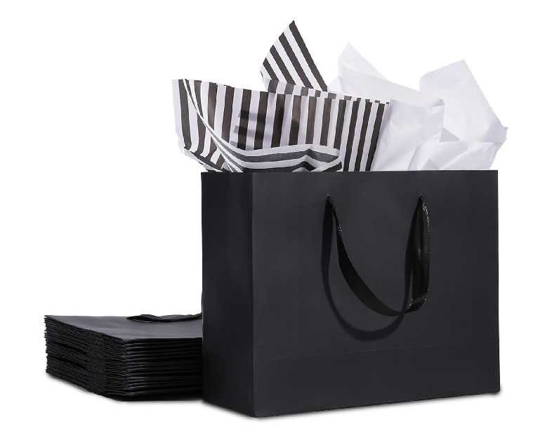 12 Pack Black Gift Bags with Ribbon Handles, Medium Size with Tissue Paper, Black Paper Bags for Shopping, Small Business, Bridal Party, Wedding, Christmas and Holiday (10.6' x3.1' x8.3')