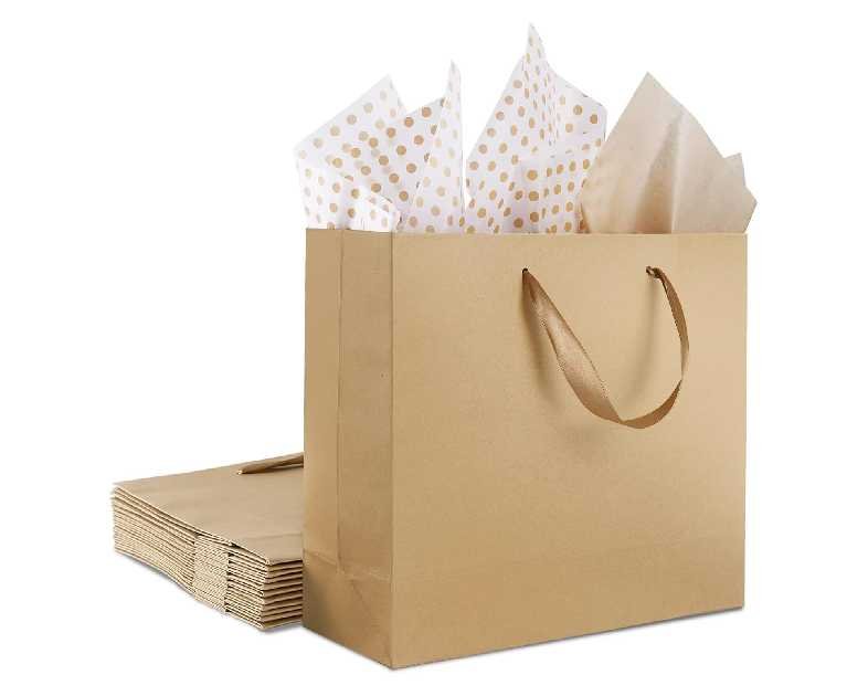 12 Pack Kraft Paper Bags, Large Gift Bags with Tissue Paper, Brown Paper Gift Bags with Ribbon Handles for Shopping, Small Business, Bridal Party, Wedding, Christmas and Holiday (12.5” x4.5” x11”)