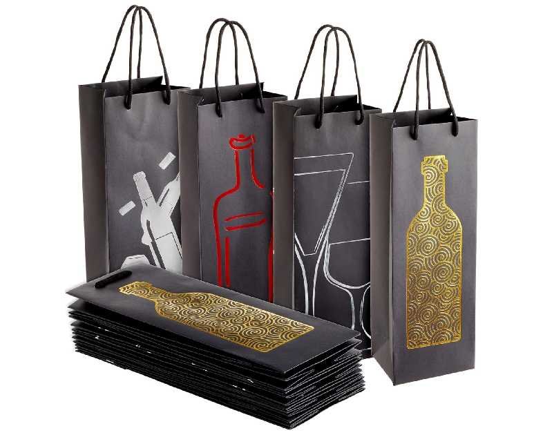 Juvale Wine Gift Bag Set with Handles - 12 Pack, 13.7 x 4.6 x 4 In, Gold, Silver, Red & Black Metallic Foil Designs - Wine Bottle Bags for Champagne & Presents