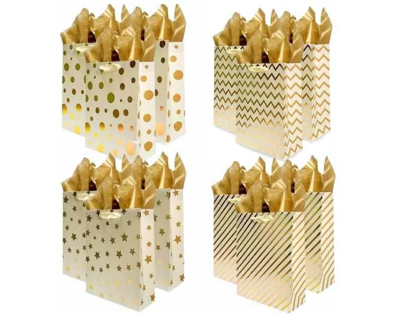UNIQOOO 12Pcs Metallic Gold Christmas Gift Bags Bulk with 12 Sheets Gold Tissue Paper, Large 12.5 Inch, Assorted Modern Geometric Paper Gift Wrap Bag, For Holiday Birthday Wedding Gift Packaging Decor