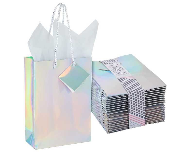 20-Pack Small Metallic Gift Bags with Handles, 5.5x2.5x7.9-Inch Paper Bags with Foil Coating, White Tissue Paper Sheets, and Tags for Small Business (Holographic)