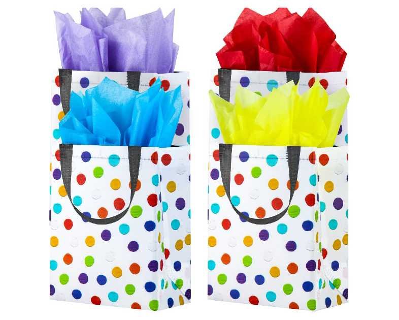 BLEWINDZ 16Pcs Reusable Gift Bags with Tissues - Medium Rainbow Polka Dot Party Favor Bags for Christmas, Birthday, Baby Shower, Grocery Shopping, Wedding (10" x 7.6" x 3.9")