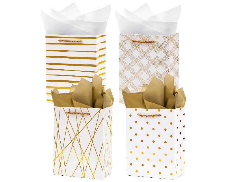 Nihuecne 9" Gift Bags Medium Size with Tissue Paper, 4 Pack White Gold Wrap Paper Gift Bags with Handles for Shopping Parties Wedding Baby Shower Holiday Presents 4 Designs