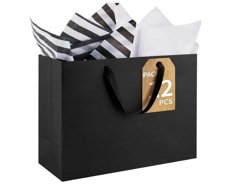 Ohuimrt 12-Count Extra Large Black Gift Bags with Tissue Paper, 16x6x12 Inch Premium Matte Black Paper Bags with Handles for Party Shopping Birthday Wedding