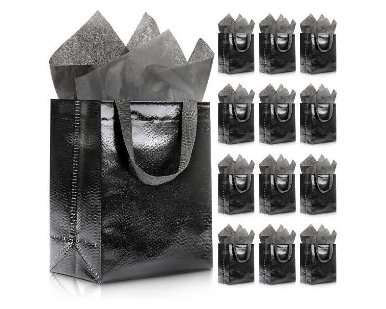 KeerxunBag 12pcs Reusable Gift Bags（Includes Tissue Paper） Gift bag with handle Birthdays Parties Holidays Weddings Medium 10x4x8in Black Gift Bags