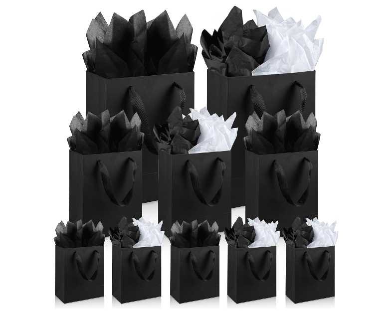 Assorted Sizes Black Gift Bags with Ribbon Handles Kraft Paper Shopping Bags with Tissue Paper for Party Business Wedding Birthday Graduation Fathers Day (Black 6, 9 , 12.6 Inches, 6 Inches, 9 Inches, 12.6 Inches)