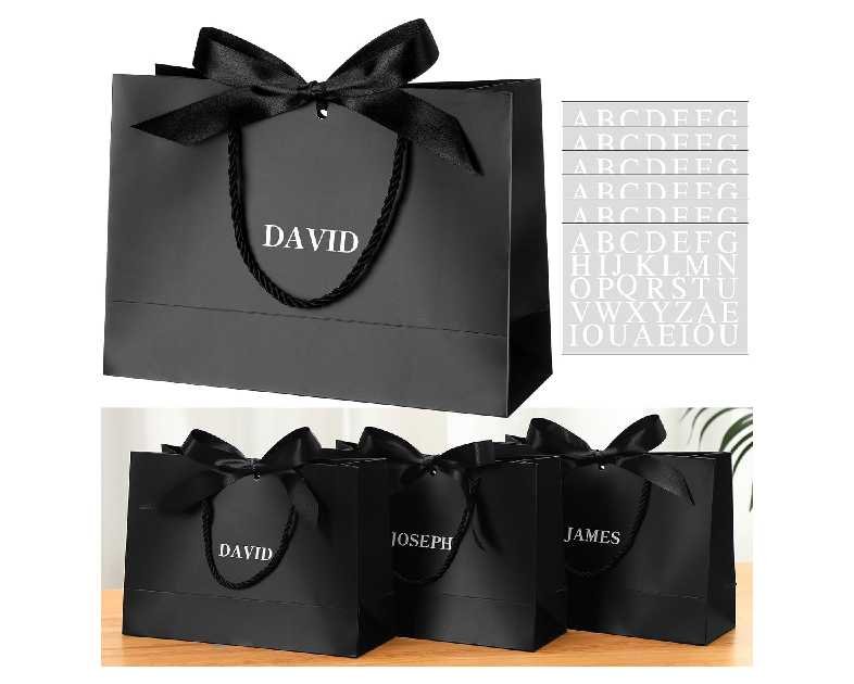 Fullhawl 6 Pack Personalized Gift Bags Bulk Black Bags with Name Stickers Handle Bow Ribbon 5 Senses Personalized Welcome Return Gifts for Wedding Christmas Birthday, 11x8x4''
