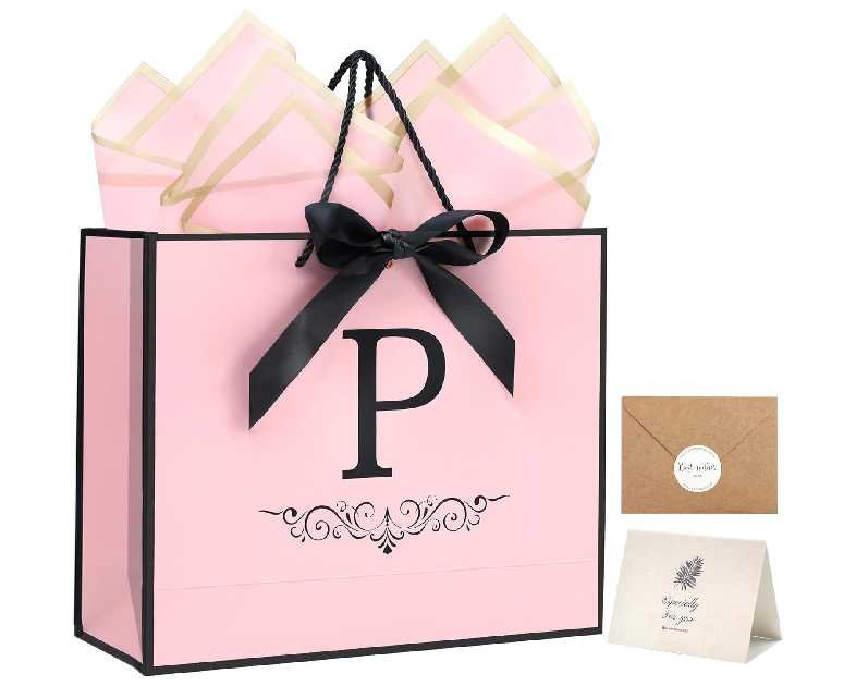 Baby Shower Personalized Gift Bags for Women Girls with Initial - Monogrammed Pink Paper Gift Bag with Ribbon Bow, Matching Tissue Paper, Card and Envelope Sticker (P, Medium)