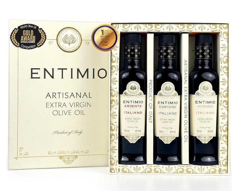 Entimio Collection Organic Italian Extra Virgin Olive Oil Gift Set from Italy, 600+ to 900+ mg/kg High in Polyphenols, 2025 Gold Winner, Early Harvest evoo, Cold Extracted, Lab Tested – 3 x 8.5 fl oz