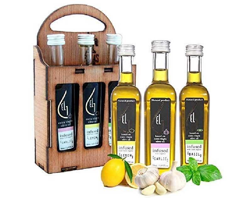 Pellas Nature, Infused Extra Virgin Olive Oil, Herbs Infused,Wooden Set, 3x50ml Flavors (Garlic, Lemon, Basil)