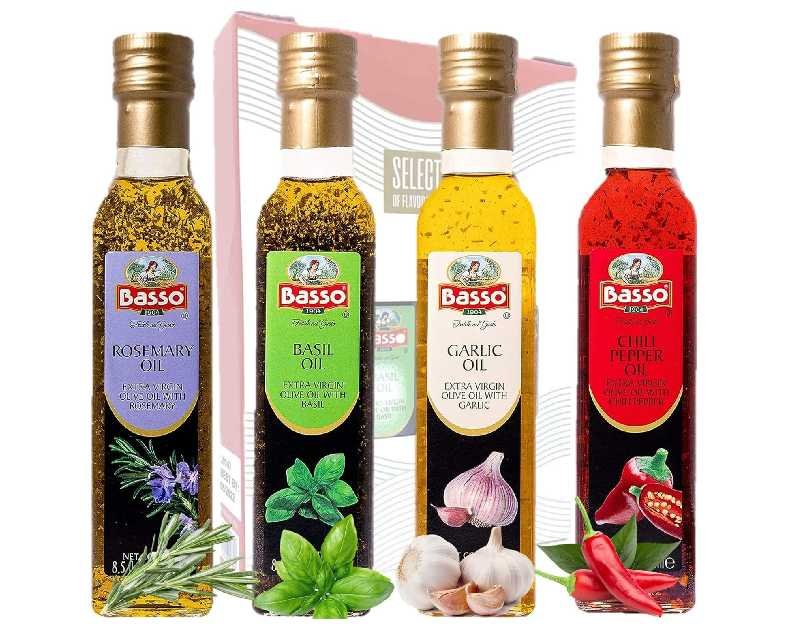 BASSO 1904 - Infused Extra Virgin Olive Oil Gift Box Set, First Cold Pressed, Variety Pack, 4 bottles x 8.5 fl.oz (250ml), Naturally Infused for Dipping & Tasting