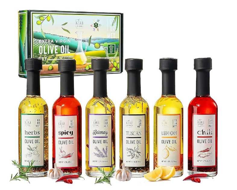 Kiri & Sons Olive Oil Gourmet Sampler Gift Set of 6 - Premium Extra-Virgin Blend Olive Oil Made In Spain, Natural Flavors Include Herbs, Chili, Spice, Rosemary, Tuscan & Lemon - Gifts for Her, Him