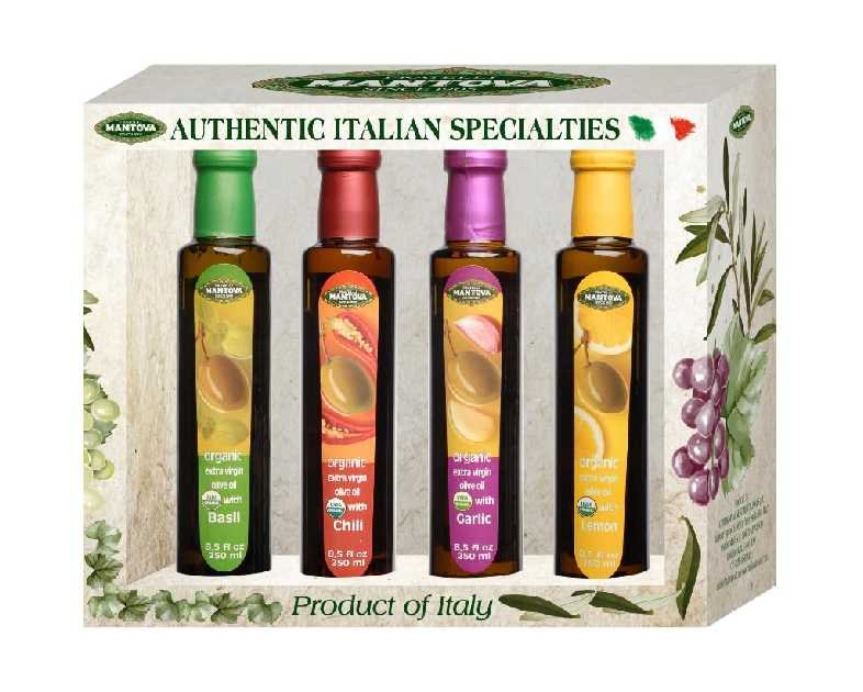 Mantova Organic Flavored Extra Virgin Olive Oil Variety Pack – Garlic, Basil, Chili, and Lemon (8.5 oz Bottles, Pack of 4) – Perfect for Cooking, Dressing, and a Great Gift Item