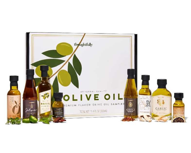 Thoughtfully Gourmet, Olive Oil Sampler Gift Set, Premium Extra-Virgin Olive Oil from Spain, Natural Flavors Include Garlic, Chili, Smoky Bacon, Mushroom, Jalapeno and More, Set of 8