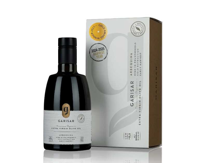 Garisar High In Polyphenol Premium Extra Virgin Olive Oil (>600 ppm), Low Acidity (Max 0.2%), NYIOOC 2025 Gold Medal Winner, Organic Agriculture Hand Picked, Cold Pressed, 100% Arbequina - Pack of 1