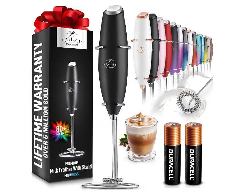 Zulay Kitchen Powerful Milk Frother Wand With 2 Duracell Batteries - Ultra Fast Handheld Drink Mixer - Electric Whisk Foam Maker for Coffee, Lattes, Cappuccino, Matcha, Hot Chocolate & Creamer - Black