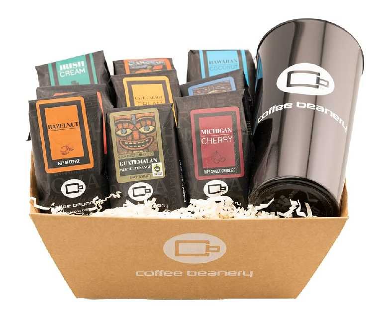 Specialty Coffee Gift Basket with Mug | 9 Sample Bags of Medium Roast Ground Coffee | Coffee Beanery