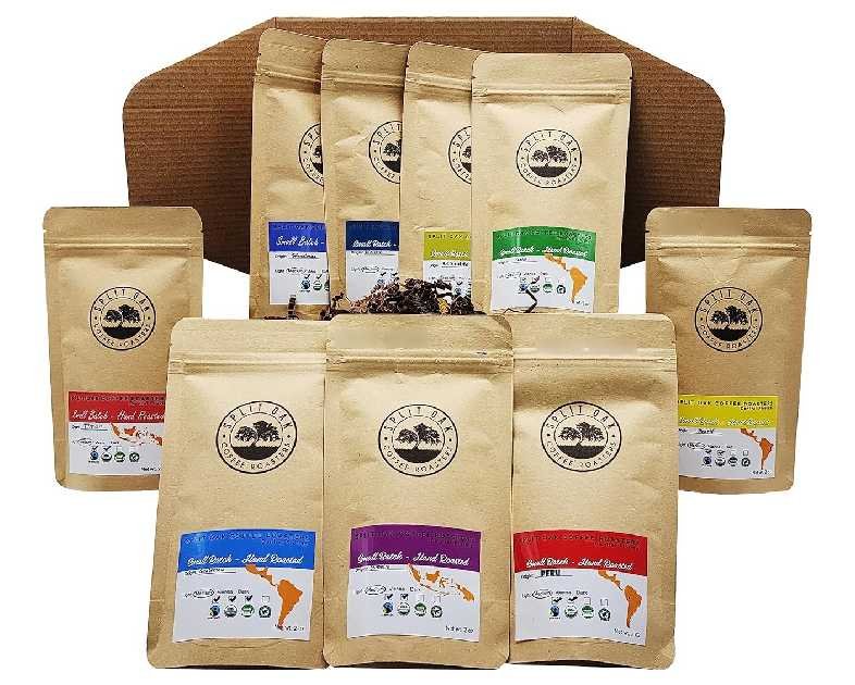 Split Oak Best Coffee Gift Box Set 9 Assorted From Sumatra Timor Colombia Ethiopia Honduras Mexico Guatemala Brazil Peru, Whole Beans, 2oz