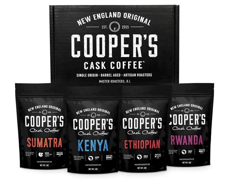 Gourmet Coffee Sampler Gift Box Set, Roasted Coffee Ground, Sumatra Dark, Kenya AA Medium-Dark, Rwanda Medium, Natural Ethiopian Light, Ground, 4 Bags, 16 oz Total