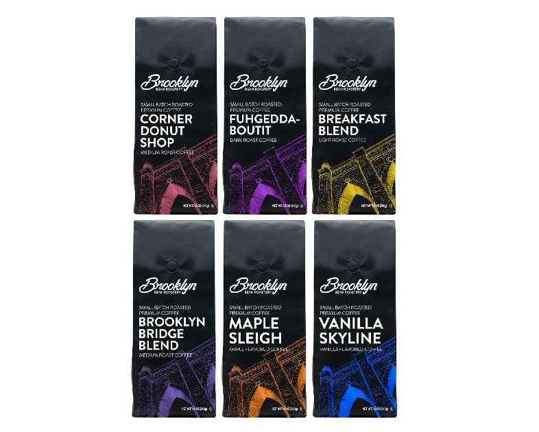Brooklyn Beans Bagged Ground Coffee Variety Pack - Light, Medium, Dark Roast and Flavored (12 Ounce Bag, Pack of 6)