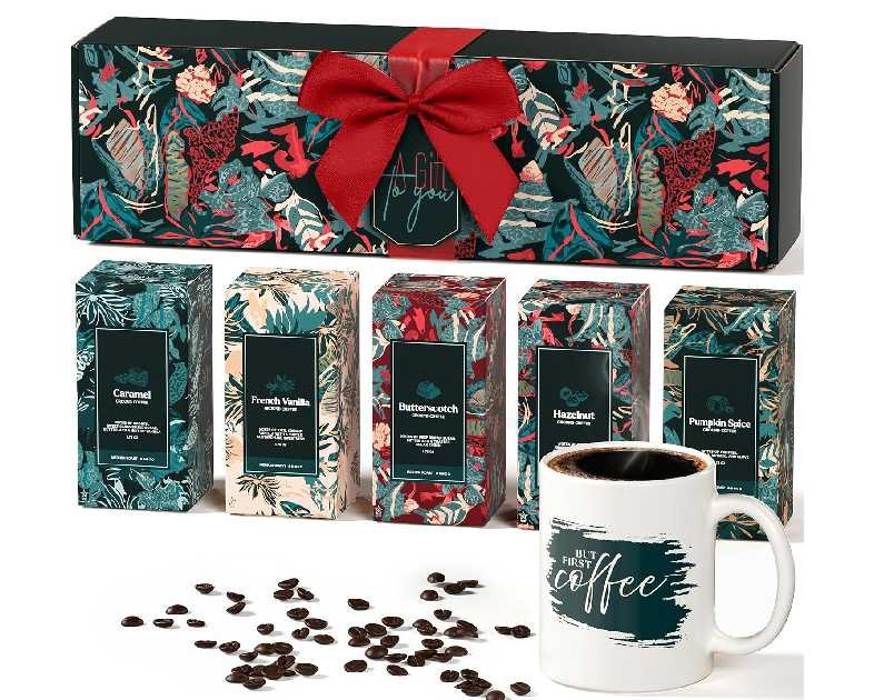 Coffee Gifts Set For Women & Men - Includes 5 Ground Coffee Flavors and Mug - Unique Christmas Gift Set for Women and Men