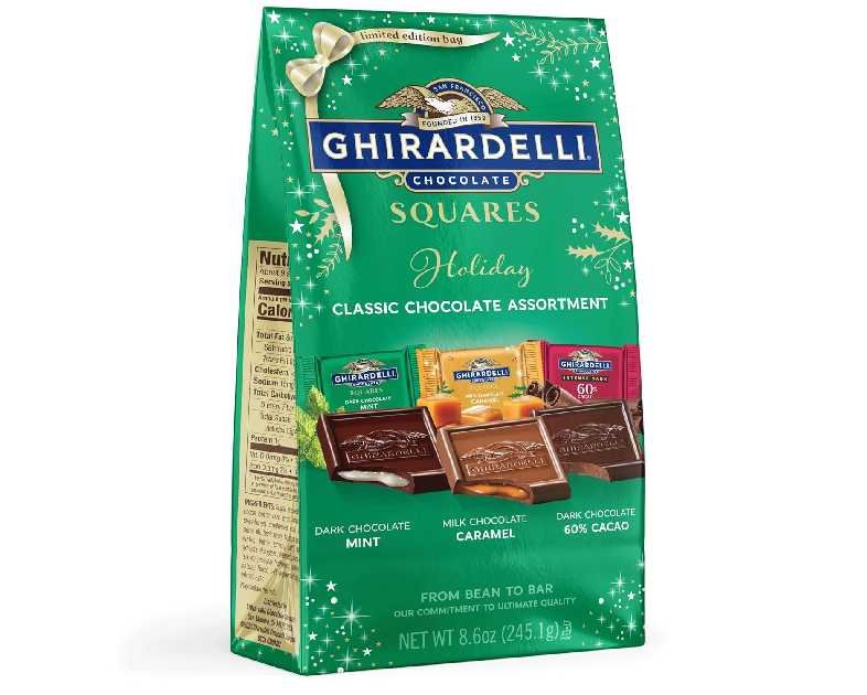 GHIRARDELLI Holiday Classic Chocolate Assortment SQUARES – Limited Edition Milk & Dark Chocolate Candy with Caramel and Mint Flavors, Individually Wrapped, 8.6 oz Bag