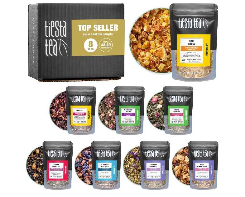 Tiesta Tea - Top 8 Favorites Sampler Set, Loose Leaf, Up to 80 Cups, High to No Caffeine, Hot & Iced, Tea Variety Pack with Green, Herbal, Black & Chai Brew, 8 Sample Pouches