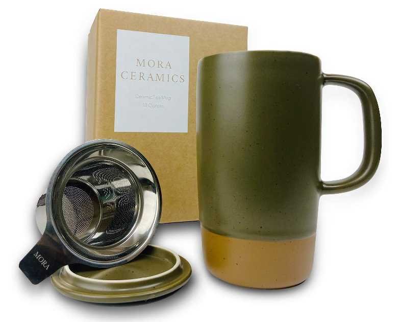 Mora Ceramics Large Tea Mug with Loose Leaf Infuser and Ceramic Lid, 18 oz, Portable, Microwave and Dishwasher Safe, Tall Coffee Cup - Rustic Matte Ceramic Glaze, Modern Herbal Tea Strainer, Olive