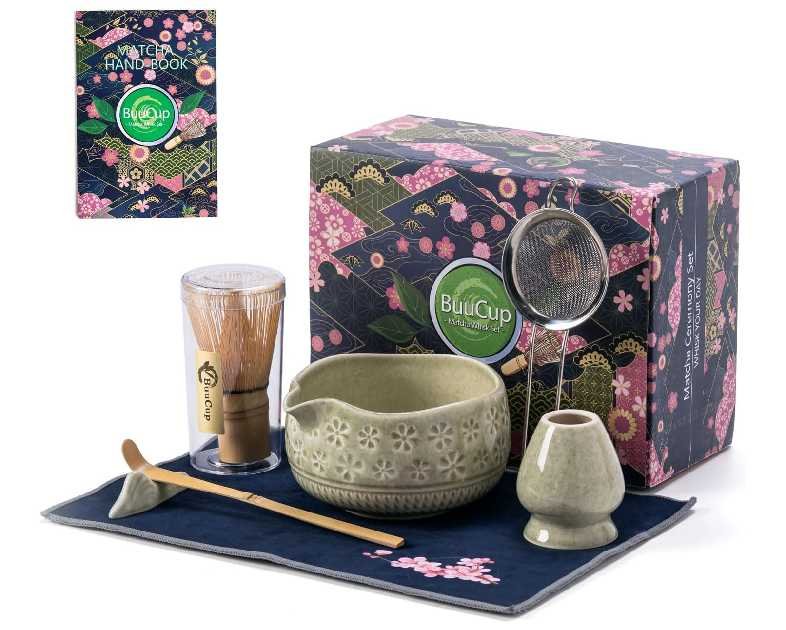 Matcha Whisk Set, Ceramic Matcha Kit Set Includes Matcha Bowl, Matcha Whisk and Holder, Bamboo Scoop, Scoop Rest, Sifter and Tea Towel - 7 Pcs Matcha Kit for Matcha Lovers (Mottled Green)