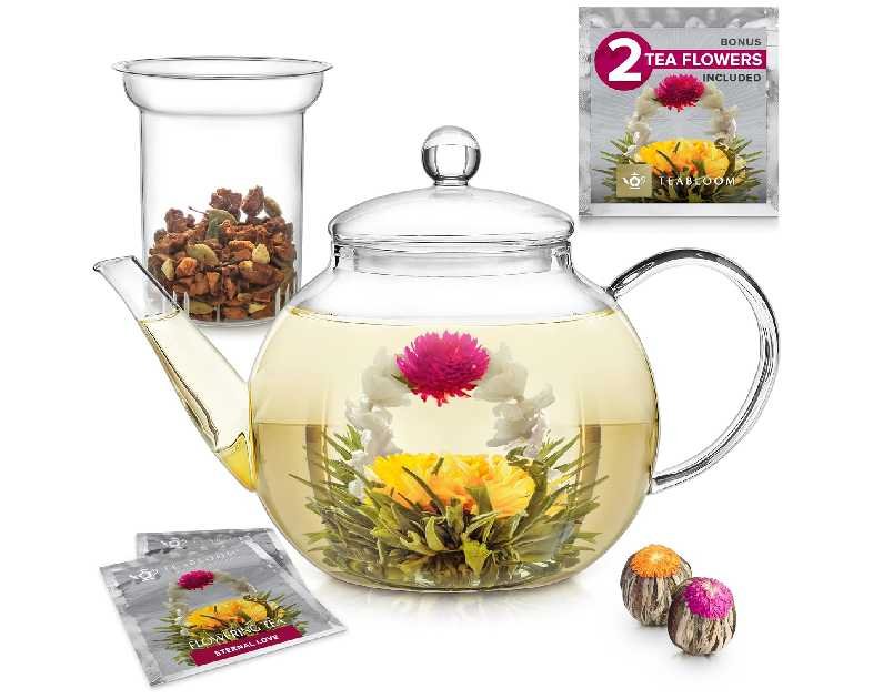 Teabloom Stovetop & Microwave Safe Glass Teapot with Removable Loose Tea Glass Infuser – Includes 2 Blooming Teas – 2-in-1 Tea Kettle and Tea Maker – Tea Purist's Choice