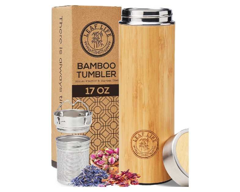 LeafLife Premium Bamboo Tea Bottle for Loose Tea - Tea Infuser Bottle - Tea Gifts - Insulated Water Bottle/Coffee Tumbler/Tea - Tea Gift Set, Tea Accessories - Tea Tumbler 17oz