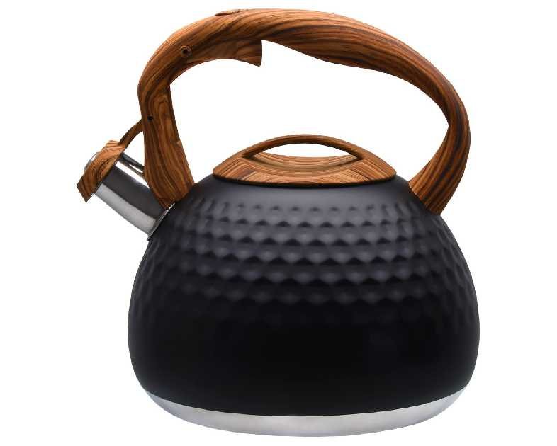 GGC Tea Kettle for Stove Top, Loud Whistling Kettle for Boiling Water Coffee or Milk, 3.1 Quart 3L Heavy Stainless Steel Black Kettle with Wood Pattern Handle, Unique Button Control Kettle Outlet