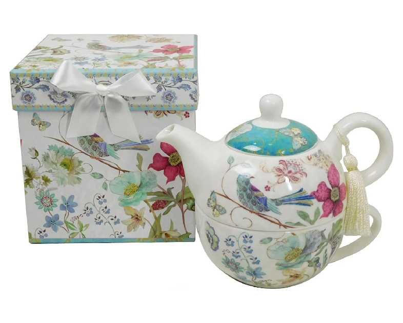 Lightahead Bone China Tea for One Set in Blue Bird Design, in attractive Reusable Handmade Gift Box (With Ribbon), Blue