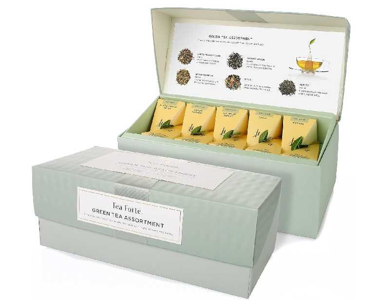 Tea Forte Assorted Green Tea Presentation Box Tea Gift Set Sampler, 20 Count, 2 of Each Variety Individually Wrapped Handcrafted Pyramid Infuser Bags