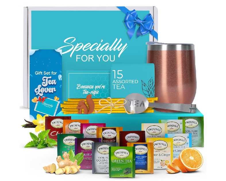 Modern Elegance Tea Tumbler Gift Set – Includes Tea Bag Holder, Spoon, Honey Straw, 15 Assorted Flavor Blends & Hot & Cold 12oz Insulated Tumbler – Ideal for Holiday Gift for Tea Lovers – Rose Gold