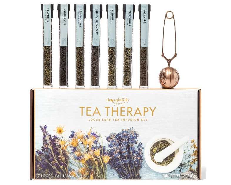 Thoughtfully Gourmet, Tea Therapy Infusion Gift Set, 7 Unique Flavors and Reusable Copper Ball Infuser, Loose Leaf Tea Set Flavors Include Peppermint, Jasmine, Vanilla Chai and More, Set of 7