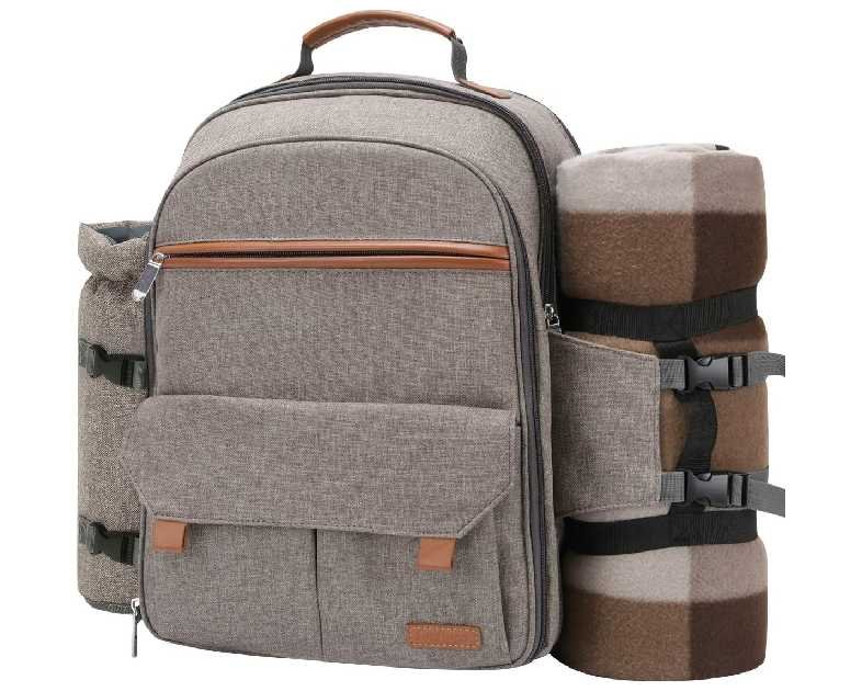 Sunflora Picnic Backpack for 4 Person with Blanket Picnic Basket Set for 2 with Insulated Cooler Wine Pouch for Family Couples (Brush Beige)