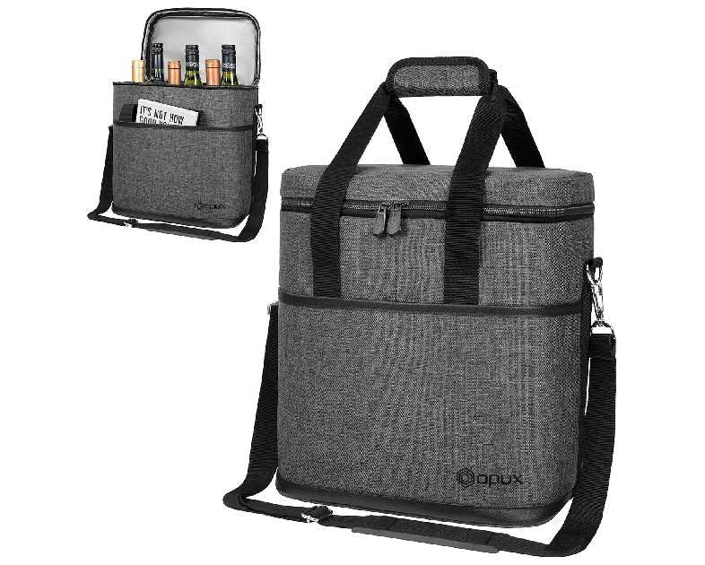 opux 6 Bottle Carrier Tote | Insulated Padded Wine Cooler Bag for Travel. Picnic, BYOB | Portable Leakproof Wine Tote Bag for Dinner, Party, Christmas, Wine Gift for Women, Men (Charcoal Gray)