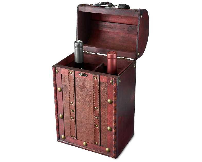 Twine Antique Wooden Decorative Wine Box with Lid and Handle, Wine Accessory Sets, Wood, Faux Leather, Brass Accents,2 Bottle