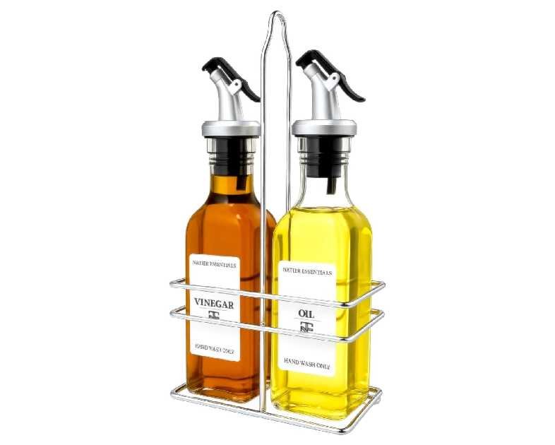 6 Oz Oil and Vinegar Bottle Cruet Set with Wire Caddy – 2 Pack Glass Dispenser Bottles with BPA free No-Drip Spouts