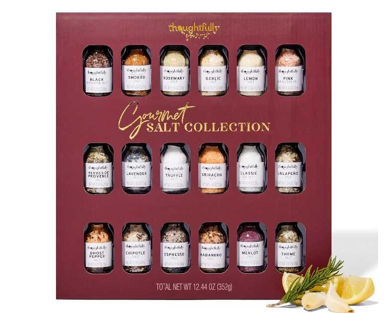 Thoughtfully Gourmet, Gourmet Salt Sampler Collection Gift Set, Vegan and Vegetarian, Uniquely Flavored Seasoning Salts Including Smoked, Truffle, Merlot, Lavender, Espresso and More, Set of 18