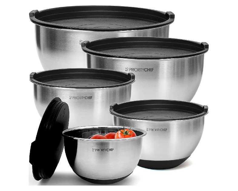 Priority Chef Premium Mixing Bowls With Lids Set, Airtight Lids, Thicker Stainless Steel, Non-Slip Base, 5 Nesting Steel Bowls for Kitchen, Large Prep Metal Bowl Set 1.5/2/3/4/5 Qt, Black