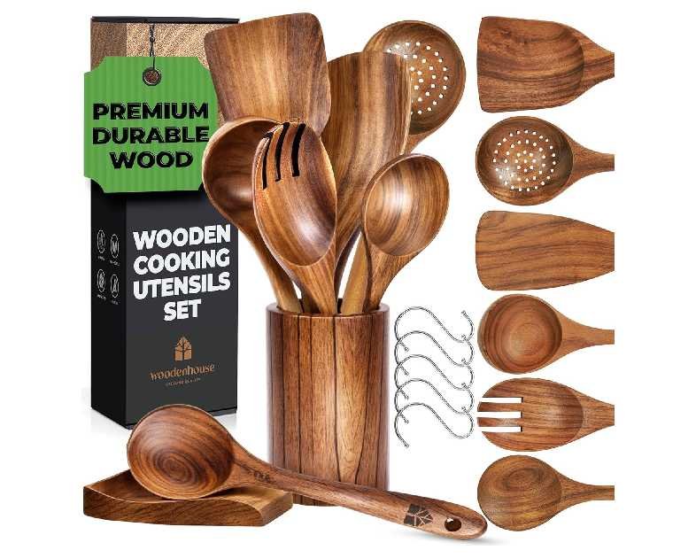 Wooden Utensil Set 8 Pcs – Sturdy & Easy to Clean, Natural Teak Wooden Spoons for Cooking – Non-Scratch Cooking Utensils with Spatula, Turner, Ladle, Spoons, Holder, Spoon Rest, 6 Hooks Kitchen Gifts