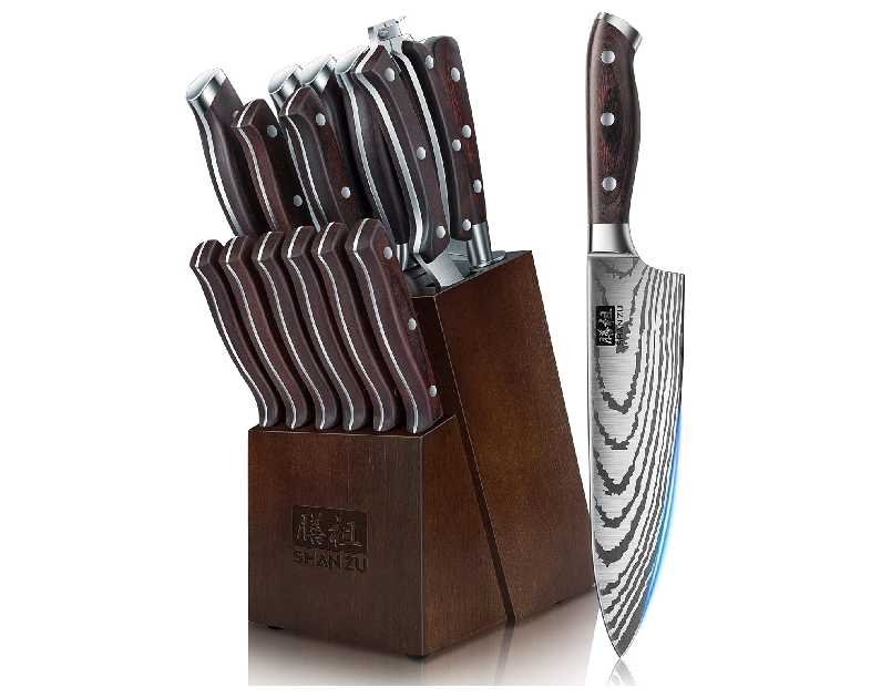SHAN ZU Knife Set 16 pcs, Japanese Kitchen Knife with Block High Carbon Stainless Steel Ultra Sharp Knife for Kitchen, Professional Chef Knife Set with Sharpener